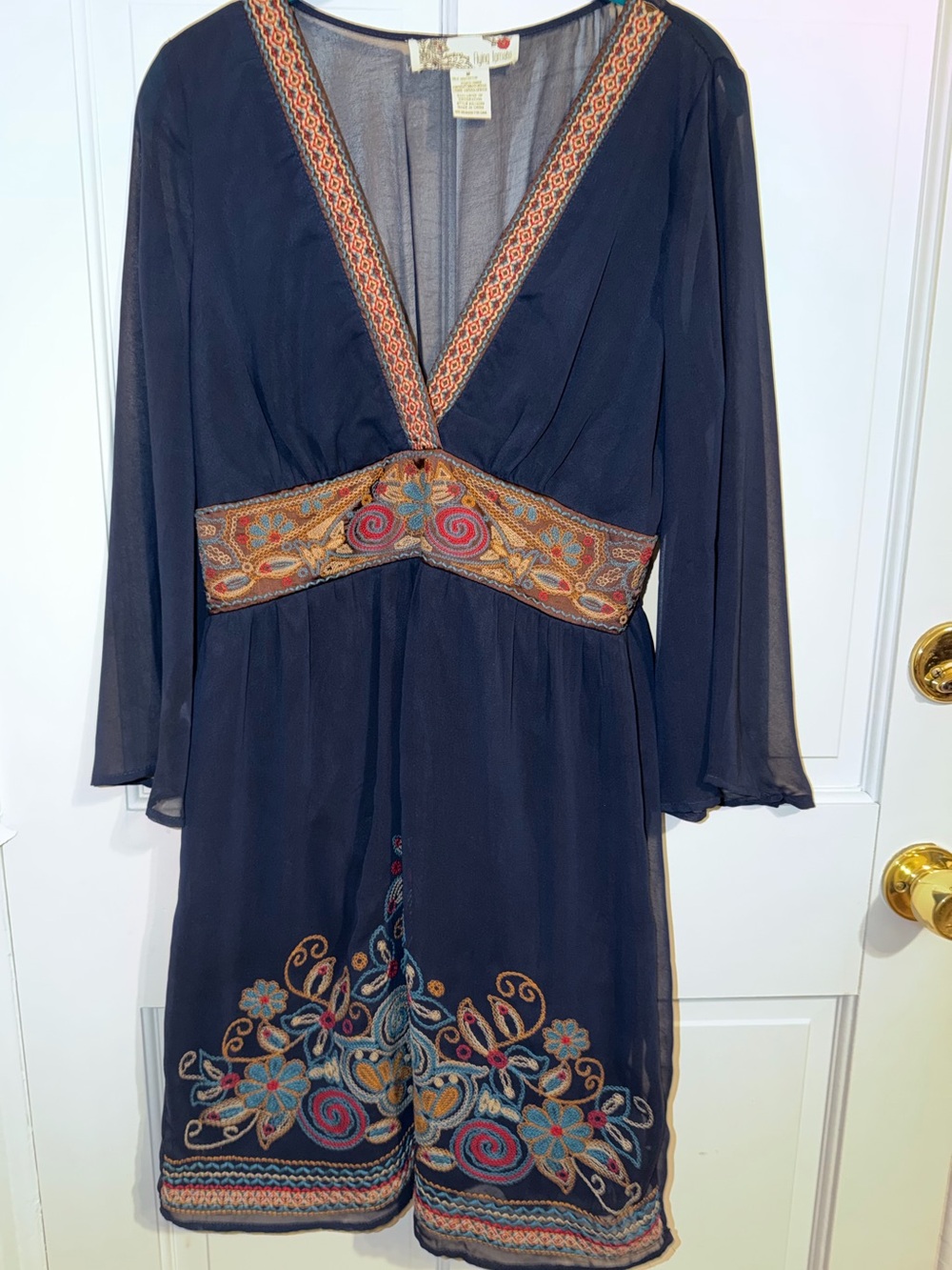 Flying Tomato Navy Sheer Top with Red Floral Trim
